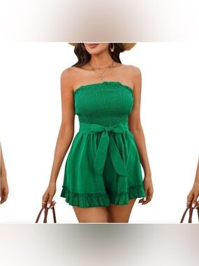 Green Strapless Smocked Romper with Waist Tie Ruffle Detail Linen blend Sz L